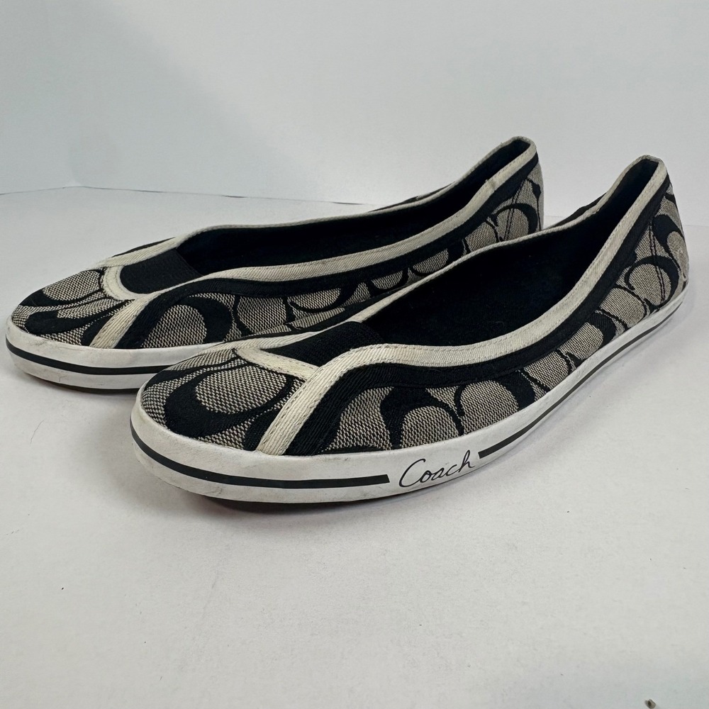 Coach Ballet Flats Black Beige Signature Canvas Slip On Loafers Women's Shoes